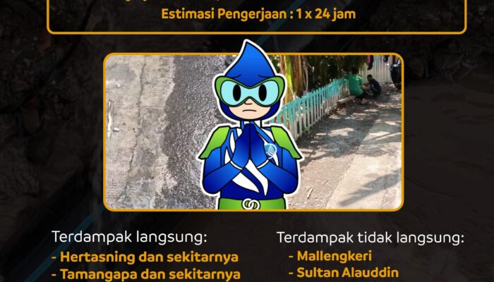 Pipa 600mm, di Jalan Beringin, Kabupaten Gowa Mengalami Kebocoran. Pelanggan disarankan menampung air sebelum waktu pengerjaan dimulai